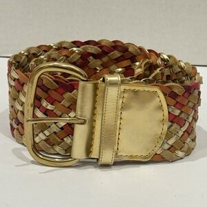 Woven Multicolored Red Gold Leather Waist Belt Gold Buckle Western Boho Size S/M